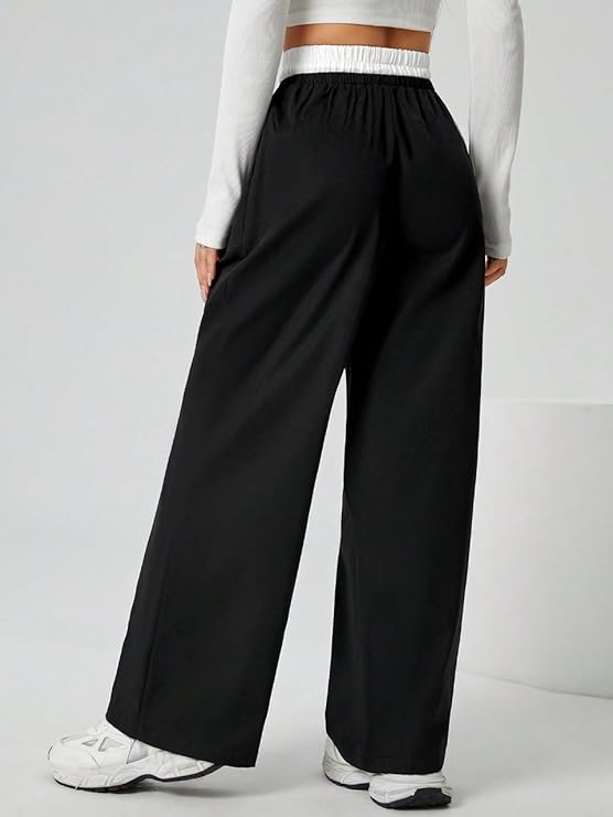 Women's Wide Leg Casual Pants, High Waist Cotton Blend, Drawstring, Light Colour, Relaxed Fit