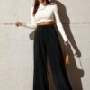 Women's Wide Leg Casual Pants, High Waist Cotton Blend, Drawstring, Light Colour, Relaxed Fit
