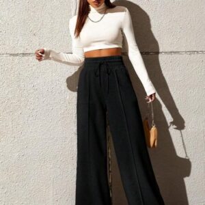Women's Wide Leg Casual Pants, High Waist Cotton Blend, Drawstring, Light Colour, Relaxed Fit