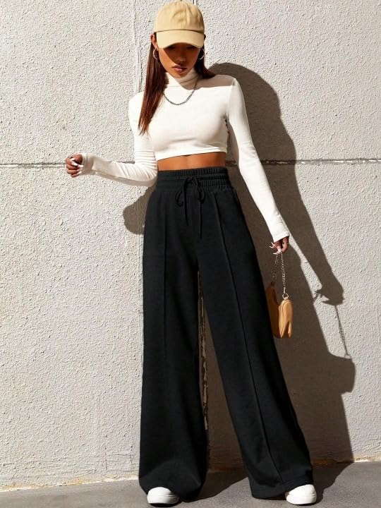 Women's Wide Leg Casual Pants, High Waist Cotton Blend, Drawstring, Light Colour, Relaxed Fit