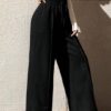 Women's Wide Leg Casual Pants, High Waist Cotton Blend, Drawstring, Light Colour, Relaxed Fit