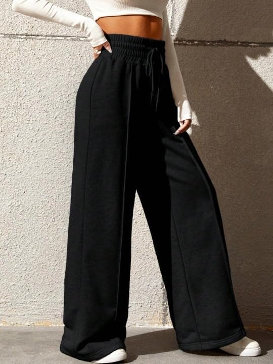 Women's Wide Leg Casual Pants, High Waist Cotton Blend, Drawstring, Light Colour, Relaxed Fit